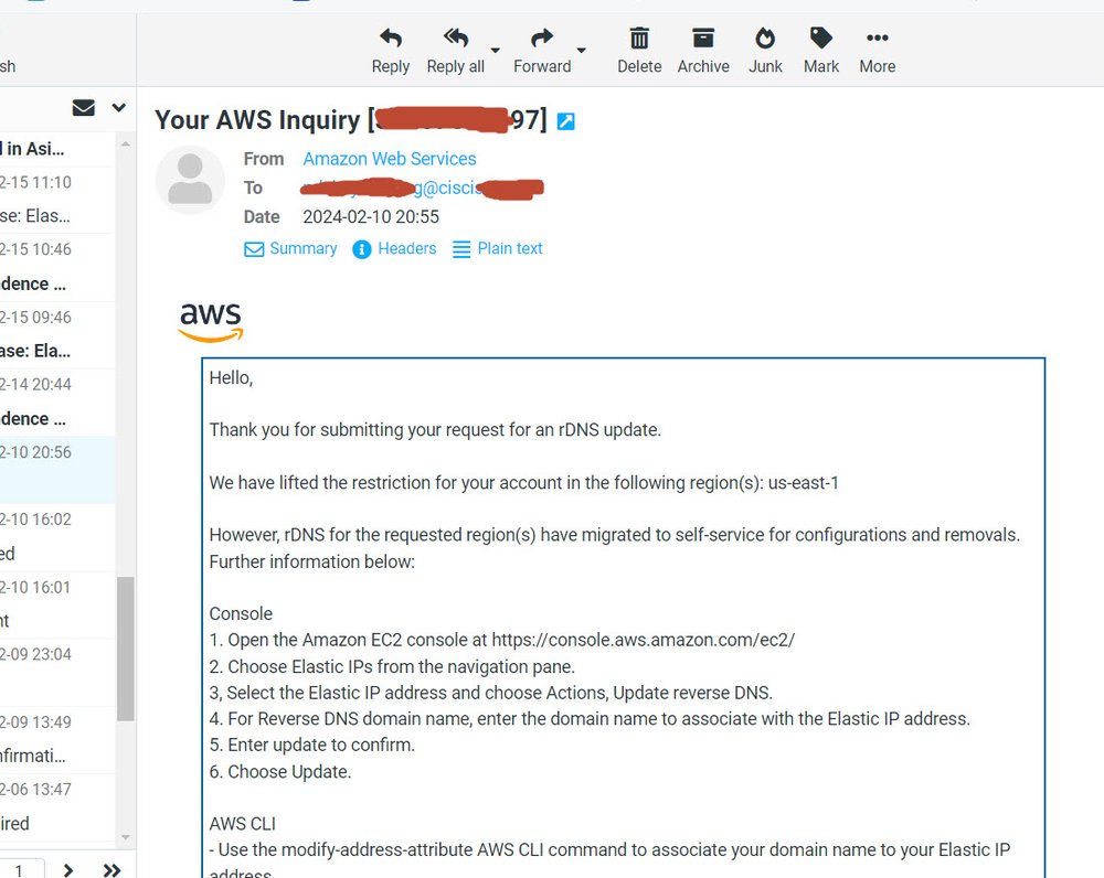 Persetujuan pembaruan reverse DNS (rDNS) AWS, region US East