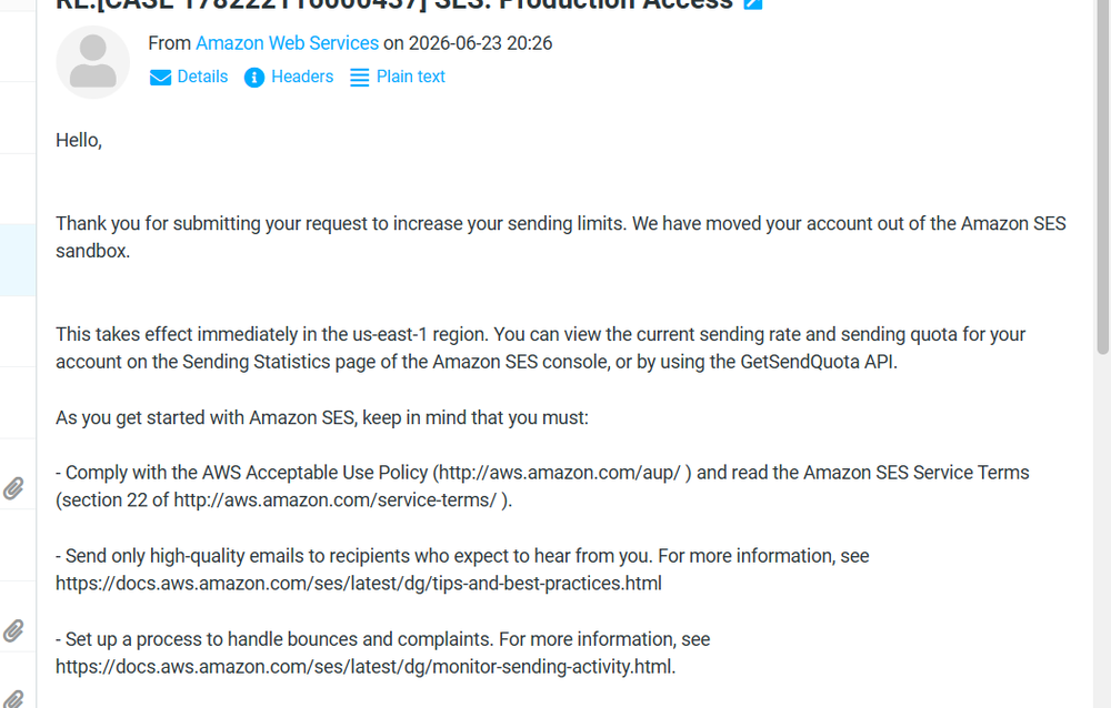 Email persetujuan AWS SES Production Access, 2026