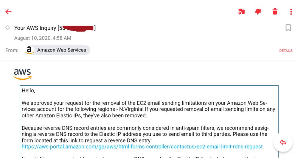 AWS EC2 port 25 approval, N. Virginia region