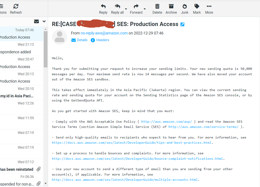 AWS SES Production Access approval, Jakarta region, 50000 emails per day